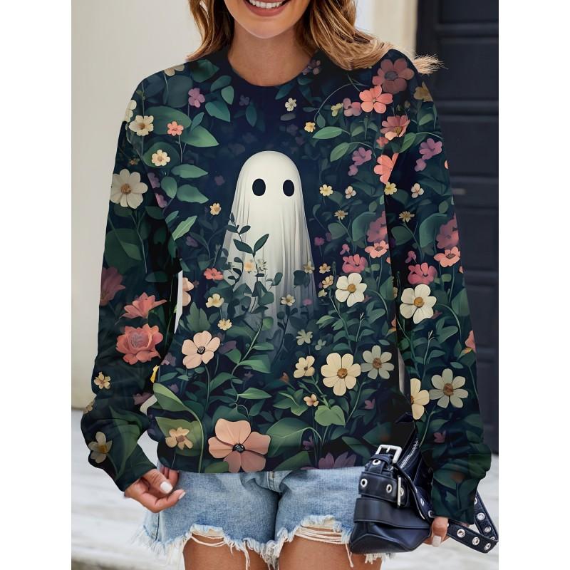 Womens Casual Hoodie With 3D Halloween Print Round Neck Lightweight Breathable Fabric