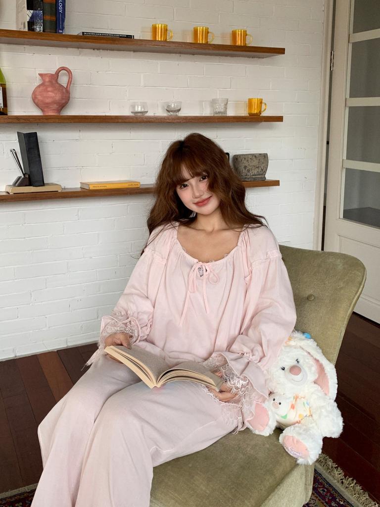 [100% cotton] Spring and autumn new sweet and cute girl style solid color lace light luxury pure cotton pajama cover