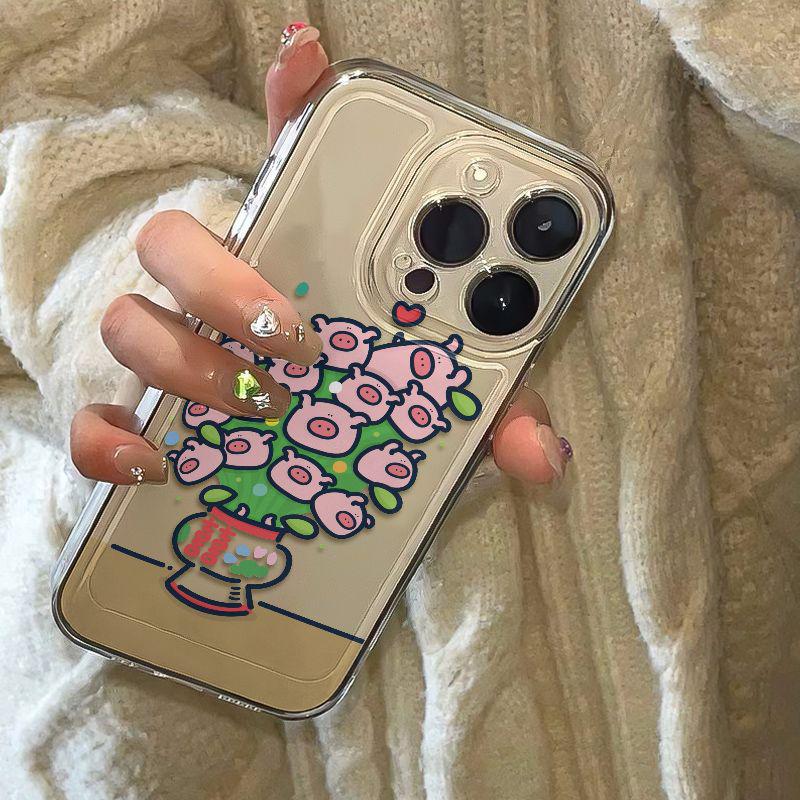 Green Plant Potted Pig Transparent Phone Case for Apple iPhone 13/14/15/16/17 Pro/Pro Max - Soft Shell