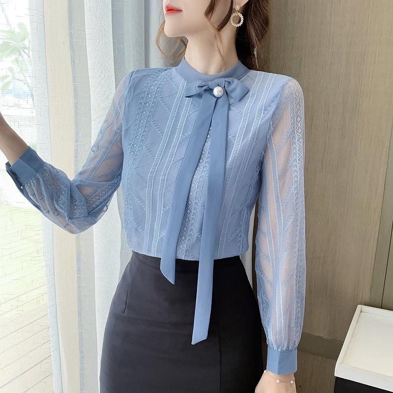 

Модная кружевная блузка с длинным рукавом и круглым вырезом, женские топы J324 XL синий