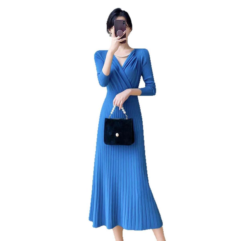 French Retro Knit Women’s Winter Slimming Over-the-Knee High-Waisted Dress