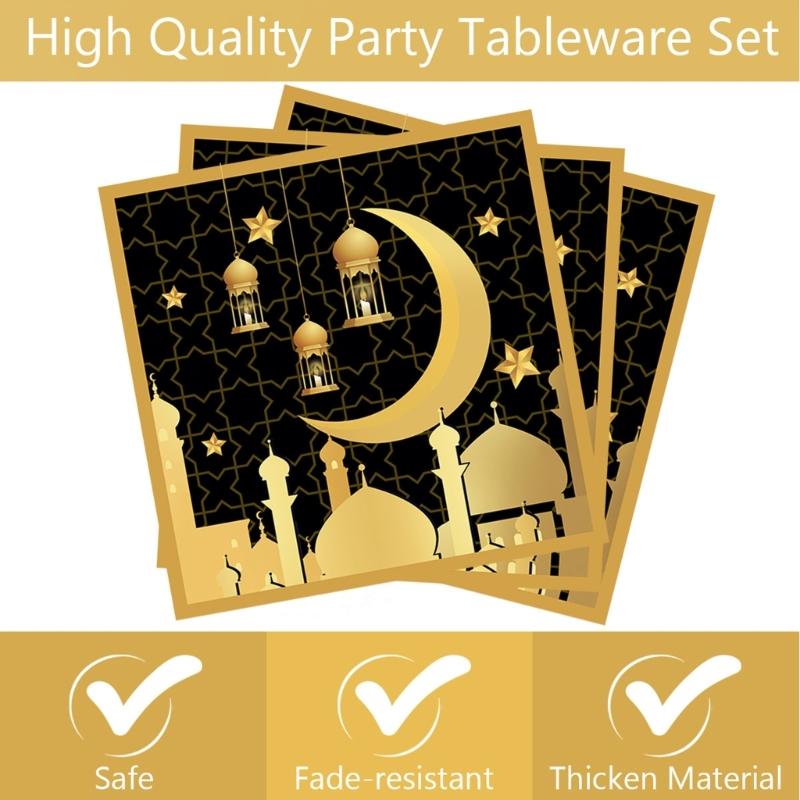 Elegant Disposable Dinnerware Set for 8 Guests Plates Cups and Napkins for Muslims Eid Festival Festive Celebration
