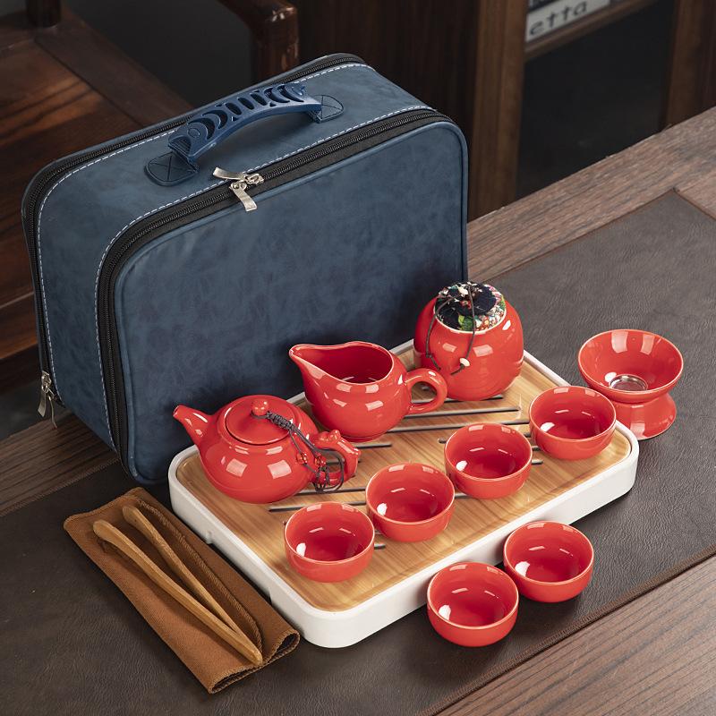 Travel ceramic Kung Fu tea set, tea tray, a full set of portable storage bags, practical business gifts for customers