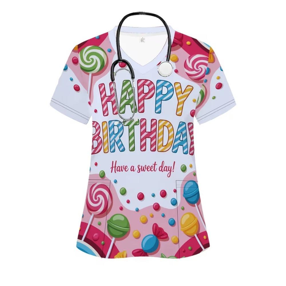 Surgical Gown Women's 3D Printed Nurse Top Summer Fashion V-tie Pocket Short Sleeved Women's Medical Gown