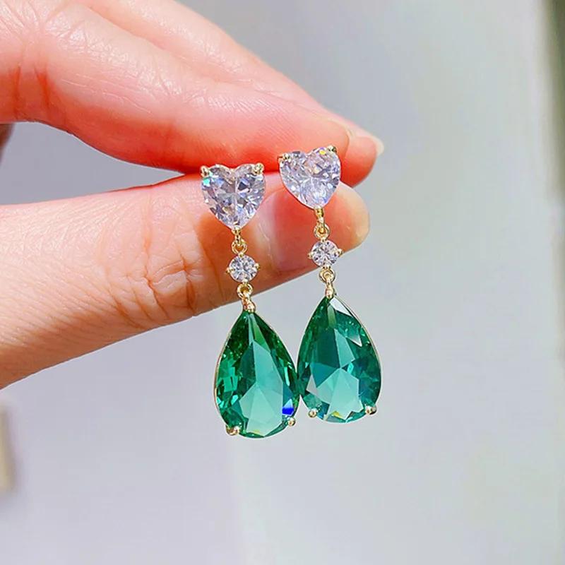 

Fashion Women Water Drop Crystal Sapphire Emerald Earrings Pendant Women s Love 925 Sterling Silver Earrings Party Bride Jewelry зелёный