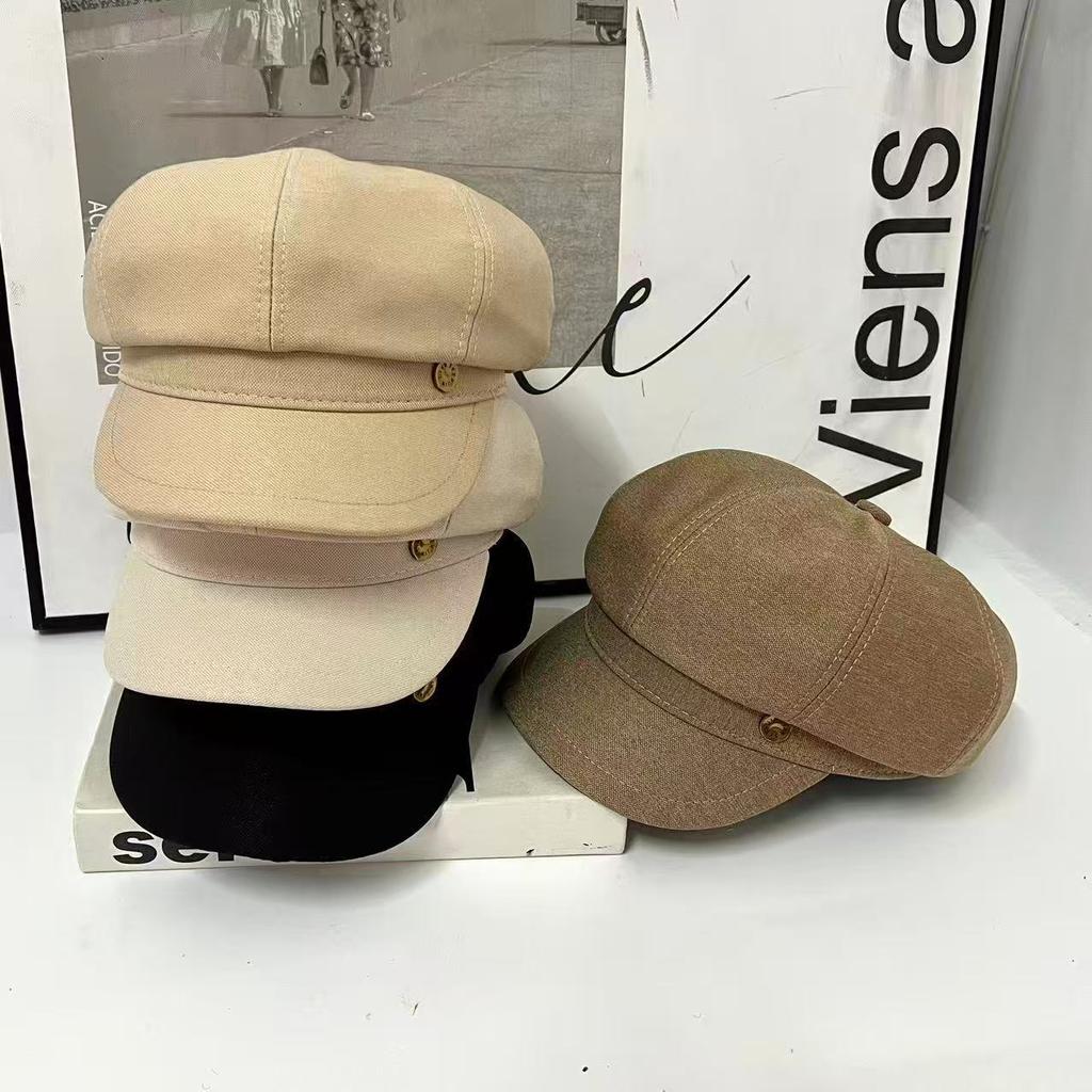 New Metal Standard Octagonal Hat Female Face Small Beret Casual Versatile Temperament Newsboy Hat English Letters