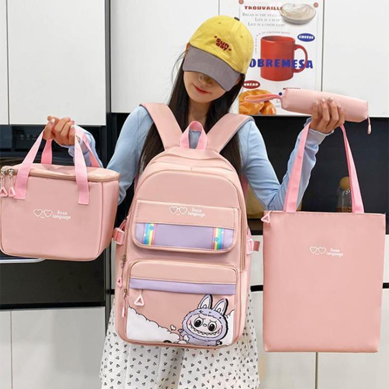 4pcs Classic Casual Backpack Neutral printed student backpack Pencil case crossbody bag Storage bag set