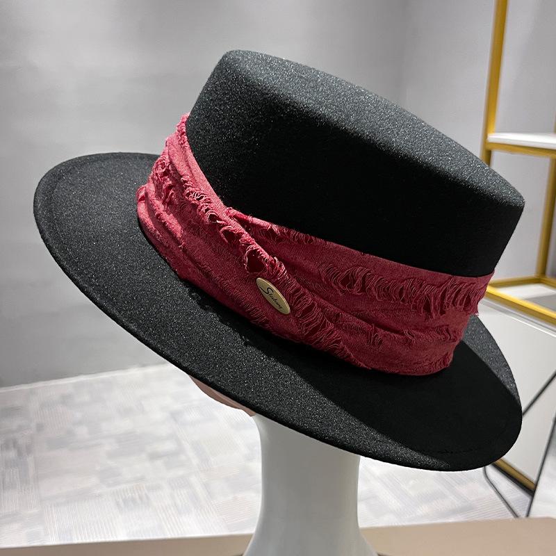 Spring and Autumn Versatile Women's Retro Wool Flat Top Hat British Style Literary French Elegant Temperament Top Hat