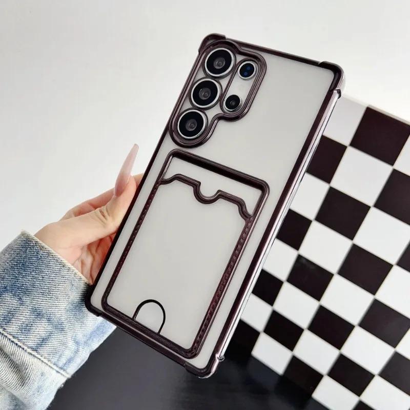 

Soft Plating Card Holder Bag Phone Case for Samsung Galaxy S25 S24 S23 S22 S21 S20 FE Note 20 Ultra Transparent Shockproof Cover Galaxy S25