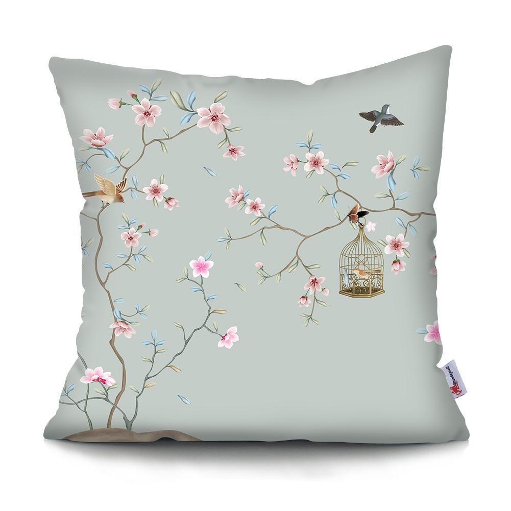 Square Chinese Landscape Painting Cushion Cover Vintage Plum Blossom Pillowcase