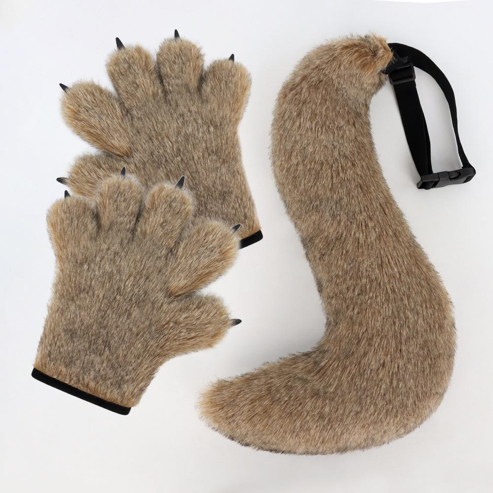 New Halloween gloves: wolf claw plush, realistic tail, warm gloves, animal tail cosplay Accessories and props