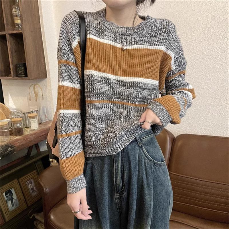 Autumn and winter new design striped short sweater women's thin meat covering soft waxy pullover knitted bottoming shirt
