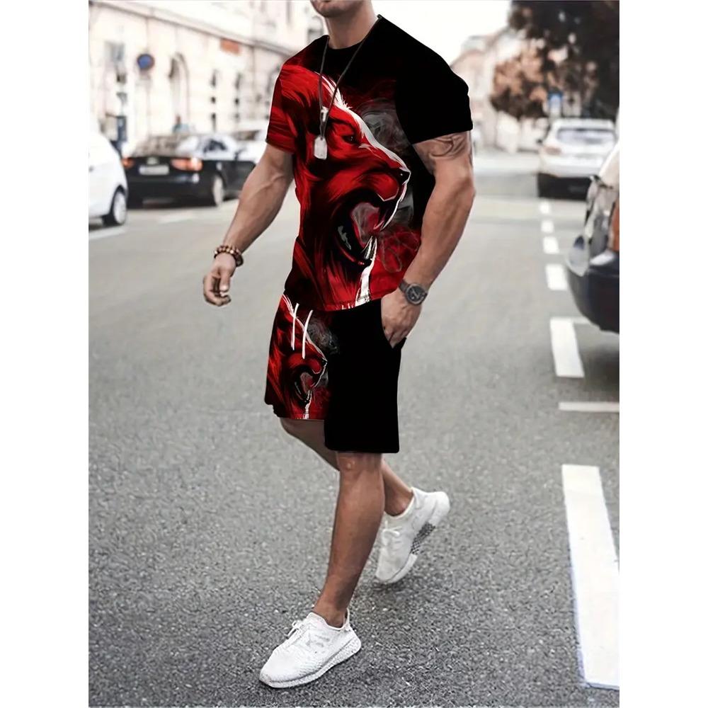 Summer Fashion Animal Print Suit Black and White Tiger 3D Pattern Outdoor Street Shooting Sportswear Men's Casual T Shirts 2 Piece Set