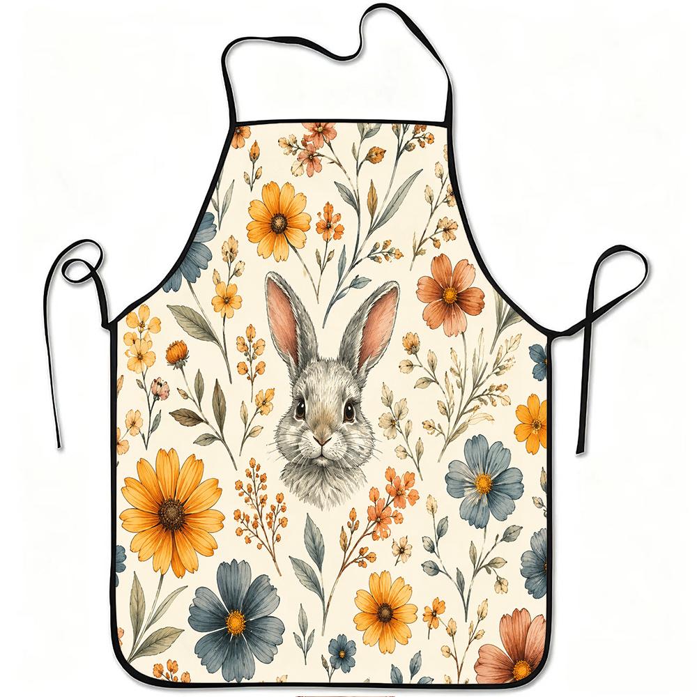 1pc Cute Bunny Floral Print Apron, Durable And Easy To Clean, Adjustable Waistband, Polyester Material, for Kitchen Cooking, Gardening, Orchard Pickin