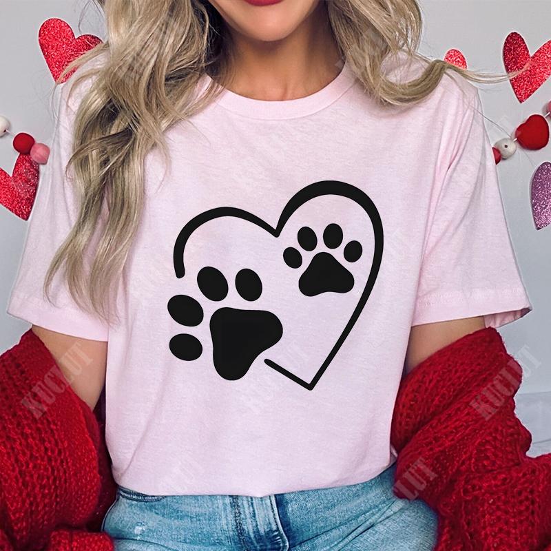 Funny Heart  Dog Paw Print Women Tshirts Fashion Summer Ladies Tshirts Short Sleeves Clothes Love Heart Fashion Casual Shirts