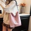 Women Contrast Color Lattice Magnetic Buckle Bucket Bag Leisure Canvas Cloth Shoulder Bags Tote Handbag