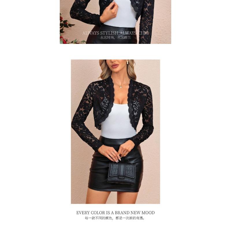 Elegant Women S Short Lace Jacket With Lace Trim V Neck Long Sleeve