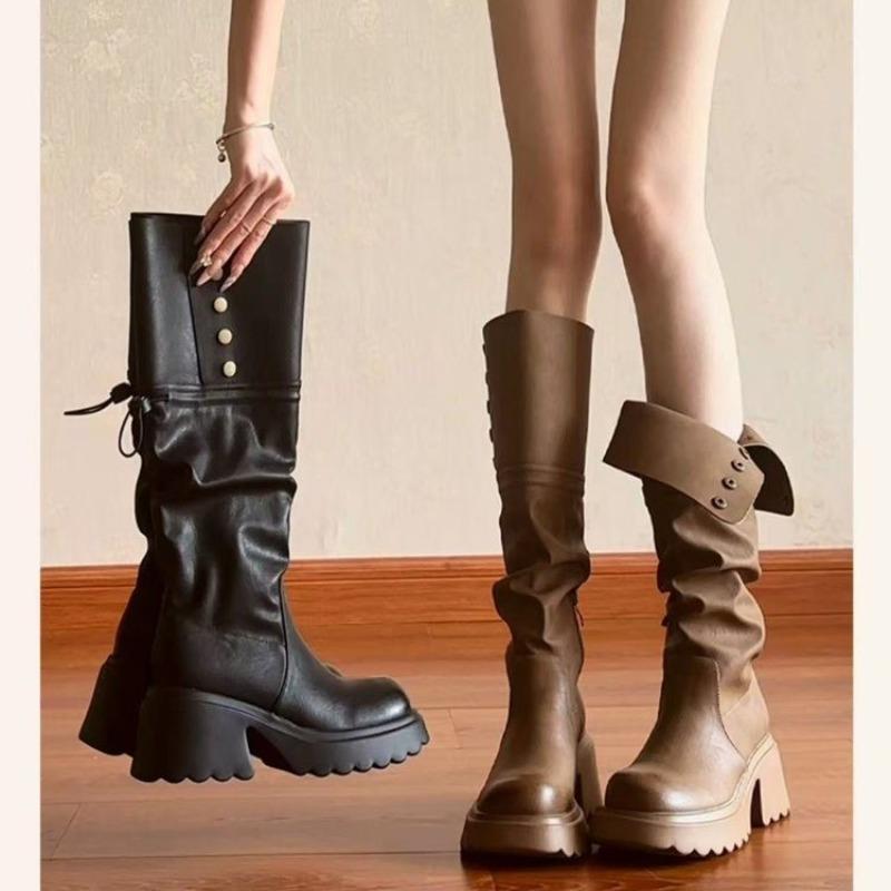 Fashion Pleated Thigh Boots Women's 2025 Autumn Winter Platform Knee-Free Small Tall Knight Boots