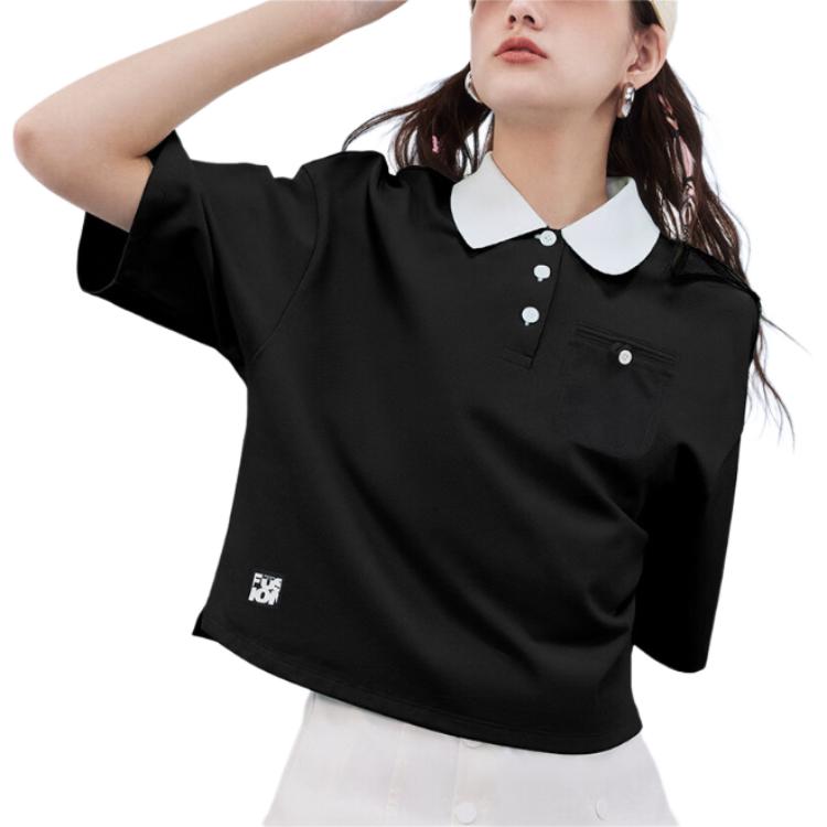 FILA Fusion Color Block Collar Loose Knit Short Sleeve Polo Shirt Women tops Black T11W423105F-BK