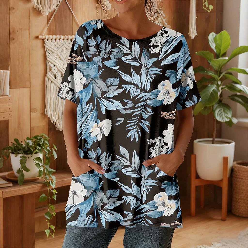 Top casual da donna alla moda a maniche corte con stampa floreale