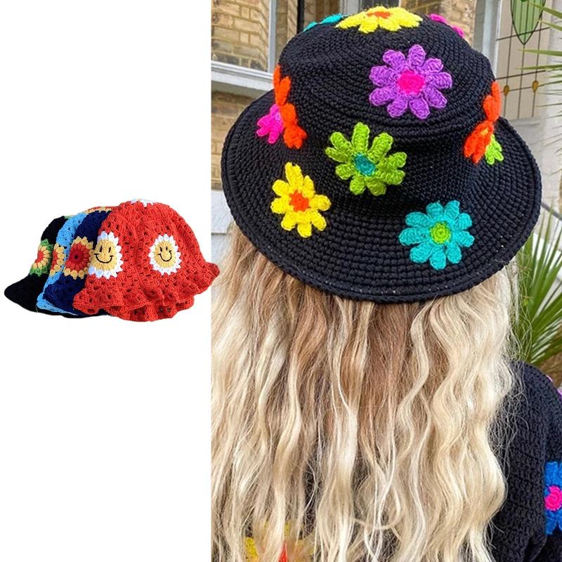 Handmade Crochet Bucket Hat Cute Ladies Outdoor Sports Fisherman Cap for Women Teenagers Casual Spring Summer Sunscreen