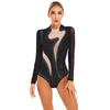 Women Long Sleeve Rhinestones Mesh Gymnastics Leotard Bodysuit Ice Skating Jumpsuit