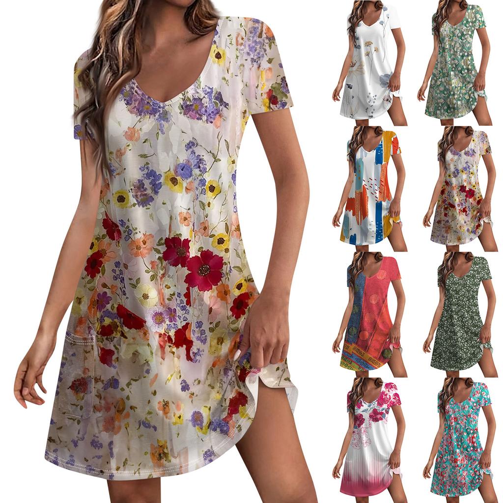 Women's Fashion Casual Printed With Pockets Bohemian Beach V-Neck Short Sleeve Dresses