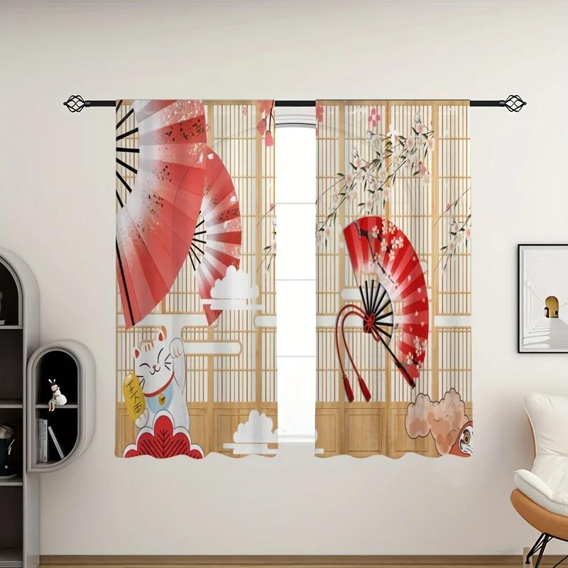 Závěsy v japonském stylu Vějíř Kočka Dřevěné dveře Závěs s třešňovým květem do obývacího pokoje Ložnice Domácí dekorace 2 panely Vysoké stínění Nové