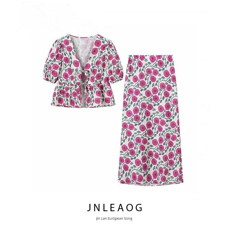 Jnleaog Spring New Arrival Women's Clothing Fashion Style French Fashion Design Print Shirt Printing Skirt Suit