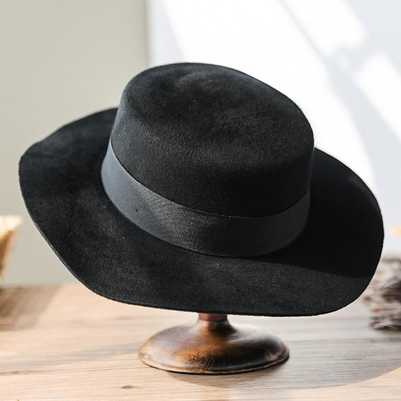 Rongmei New Hat Women's Autumn and Winter Wool Ni Top Hat Women's British Fashion Brushed Felt Hat Classic Flat Top Hat