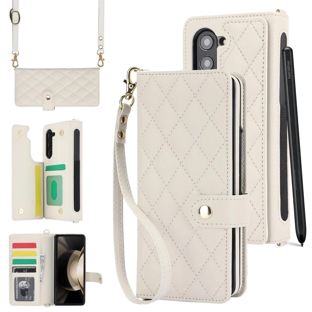 

Luxury Wallet Crossbody Strap Leather Case for Samsung Galaxy Z Fold 6 5 Fold 4 3 Lanyard+Card Slot+Stand+S Pen Holder Cover Fold6 бежевий