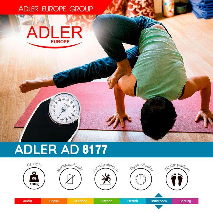 Pèse-personne Analogique, Mécanique 150kg, Précision, Antidérapante, Sans Piles Adler AD8177 Blanc/Gris 06886