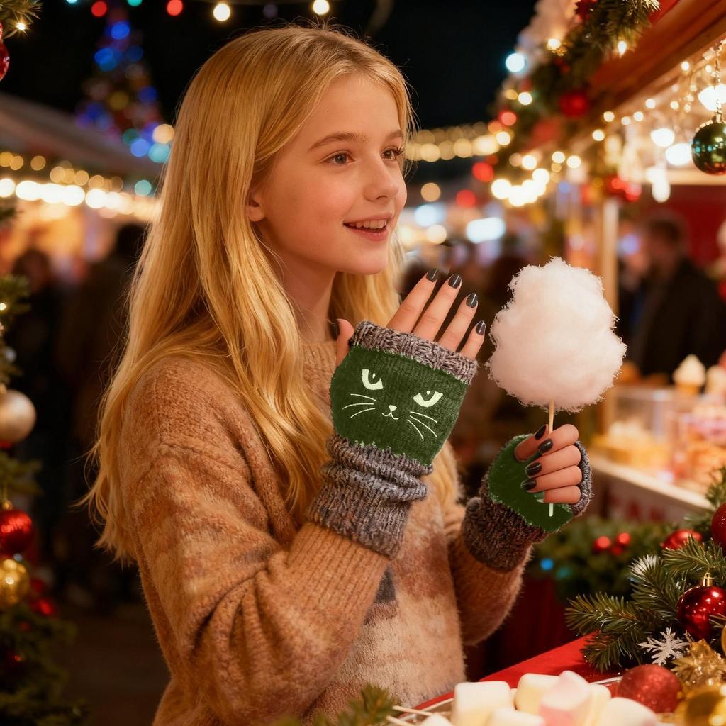 Winter Warme Handschuhe, Patchwork-Strickhandschuhe mit Katzenstickerei, Modische Fingerlose Freizeit-Damenhandschuhe, Neujahrsgeschenke