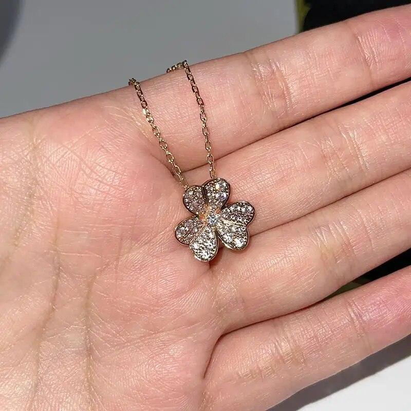 925 Silver Full Diamond Clover Necklace For Women Europe And Usa New Fashion Sweet Temperament Ladies Famous Brand Jewelry Gift