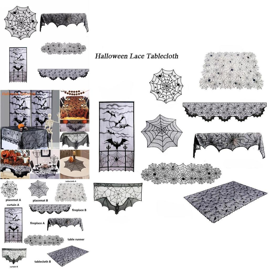Elegant Black Lace Halloween Tablecloth With Spider Web Pattern For Festive Decor