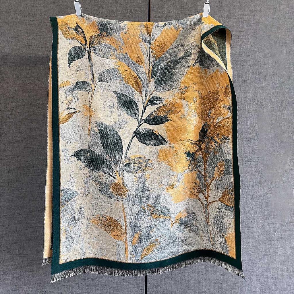 Autumn New Plant Flower Print Scarf Autumn and Winter Imitation Cashmere High-end Warm Scarf Shawl Women