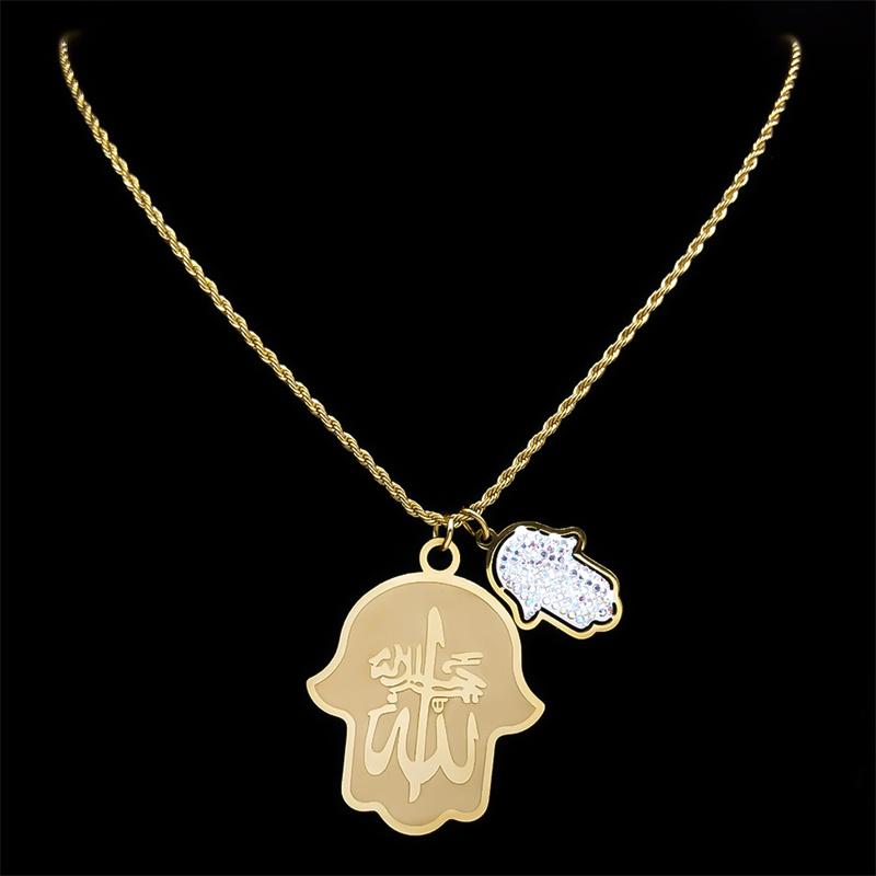Lucky Crystal Hamsa Hand of Fatima Arabic Necklace for Women Men Stainless Steel Gold Color Necklaces Jewelry Gifts NXS05
