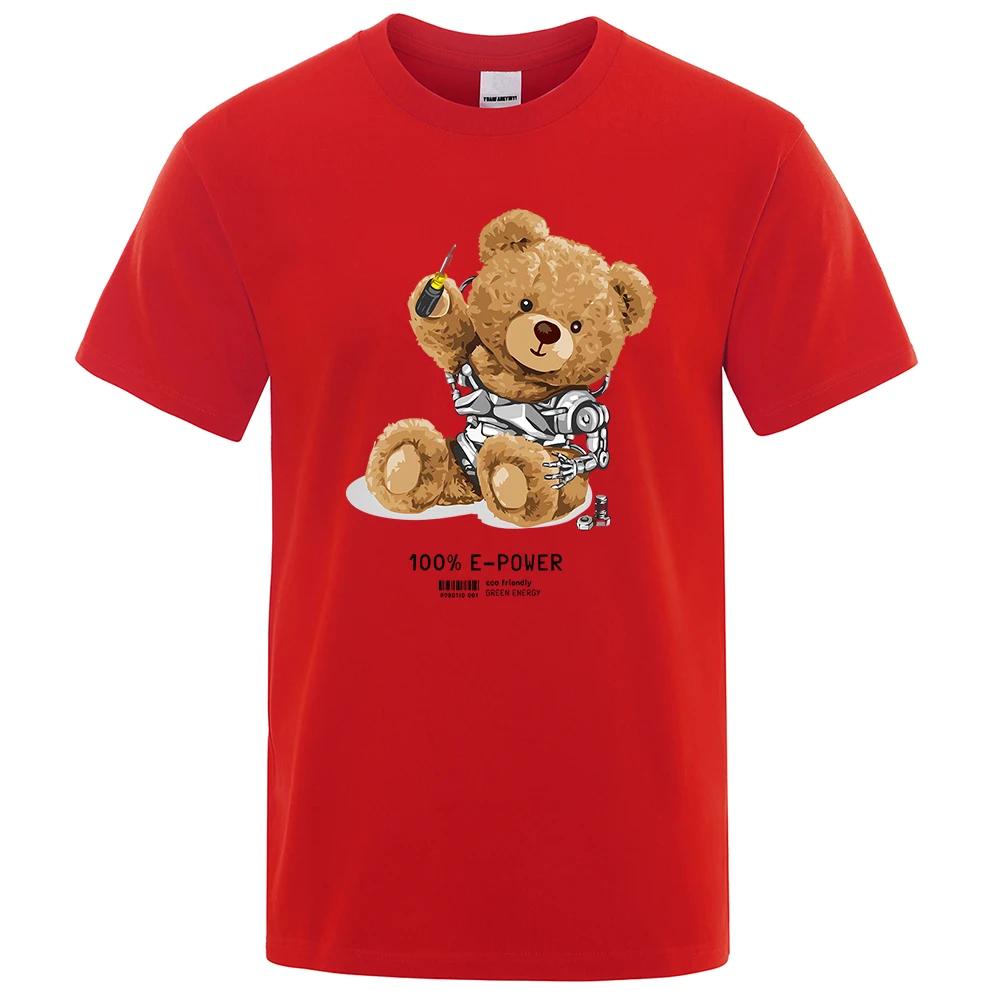 Sitting Machine Bear Cartoon Prints Funny T-Shirt Men Loose Cotton Clothing Crewneck Breathable Casual T Shirt Oversized Tees