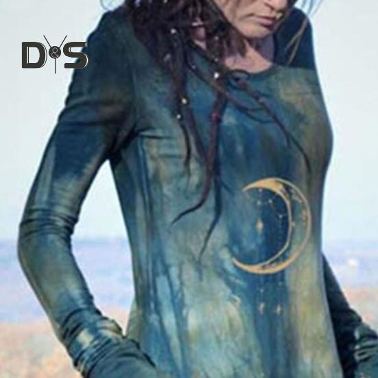 Damer Topper Rund Hals Langermet Månetrykt Skjorte Slim Fit Middels Lengde Elastisk T-skjorte Hverdagsklær