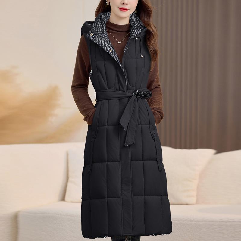 Fashion Winter Women's Long Warm Vest Hooded Can Be Worn On Both Sides Thick Sleeveless Jackets Woman Coat With Belt