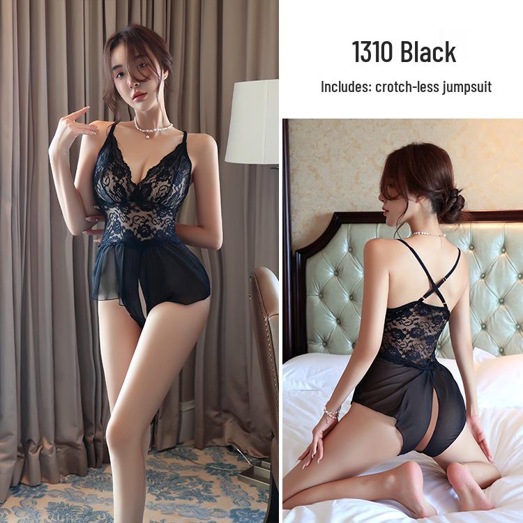 Women's Long Night Temptation Lace Lingerie Bodysuit - Open Crotch Design