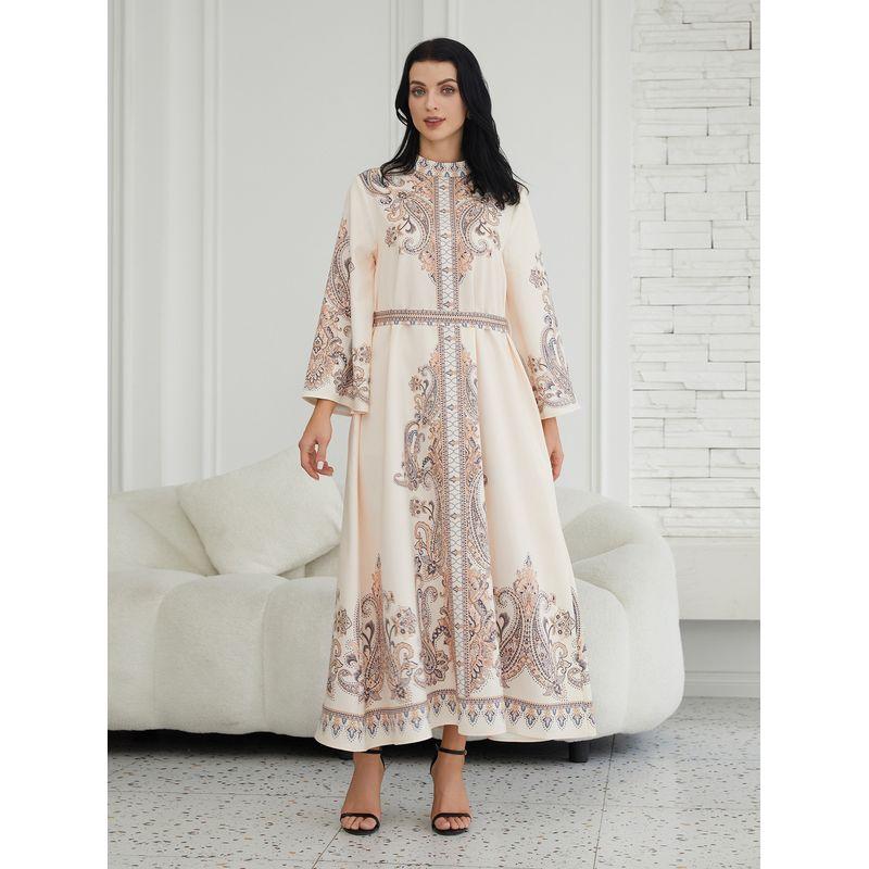 

New Middle East Fashion Print Stand Collar Long sleeve dress Stand up Collar Printed Dress Beige White 2XL