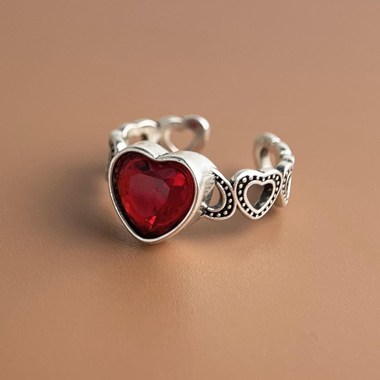 

925 Sterling Silver Rings For Women Geometric Fine Jewelry Finger Adjustable Red Heart Stone Ring For Party Birthday Gift resizable