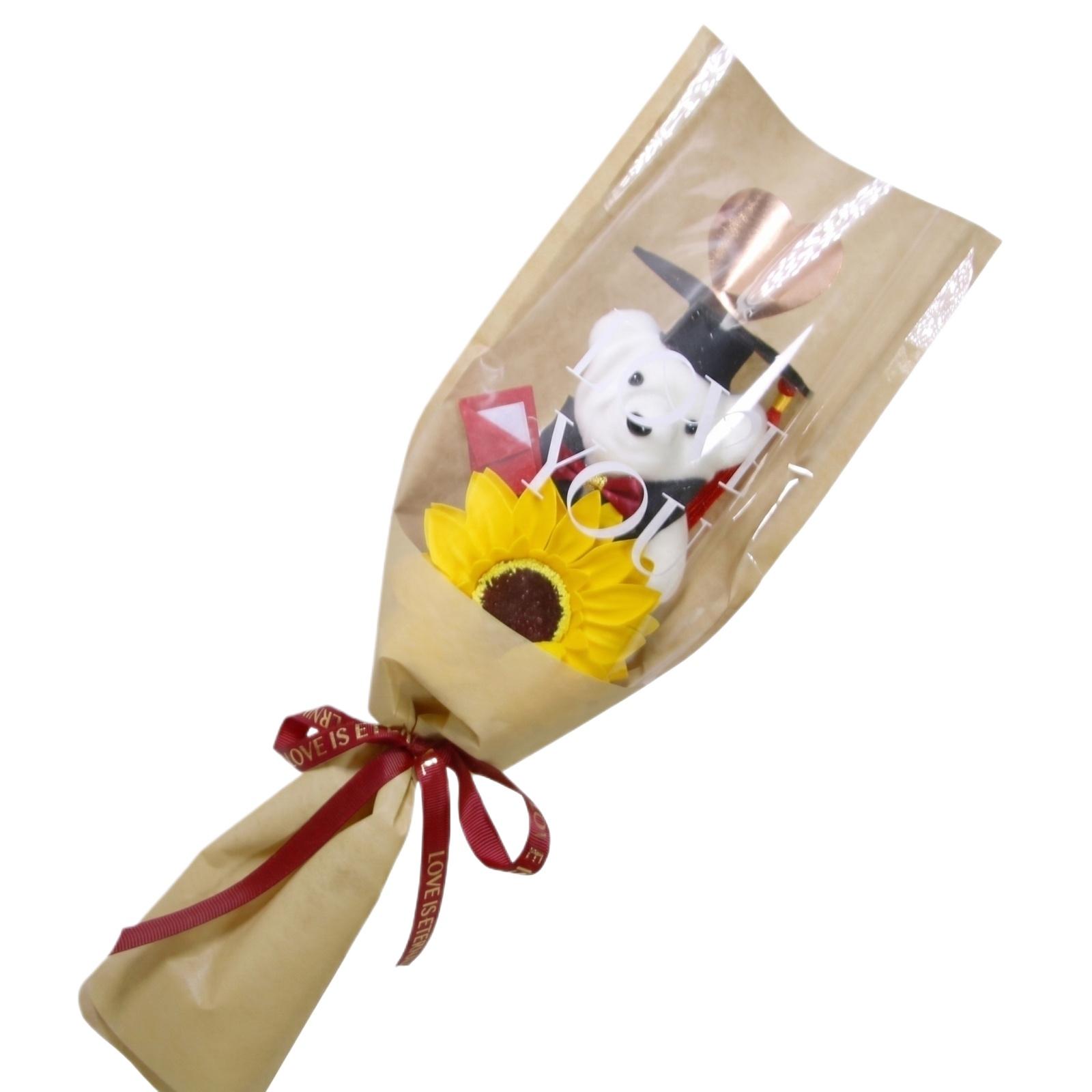 

Graduation Bear Figure with Academic Cap and Gown Wrapped with Soap Flower Bouquet and Decorative Ribbon for Ceremony Gift One Size жовтий