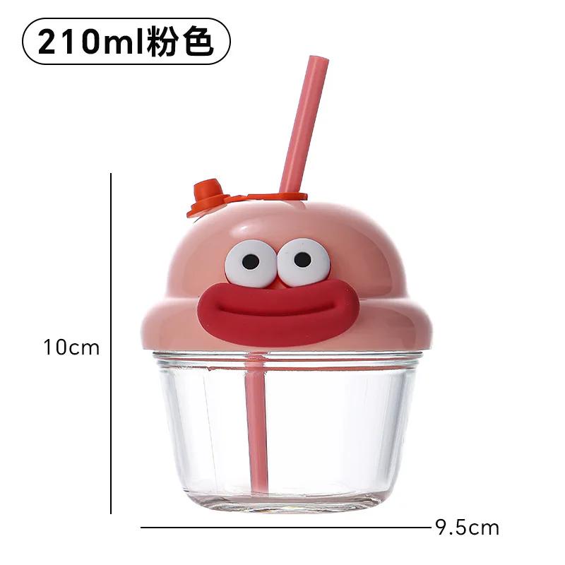 210ml Kawaii Glass Water Bottle Aesthetic For Girl Mini Cute Korean Work Glass Cup With Straw Cold Coffee Juice Tea Cups розовый