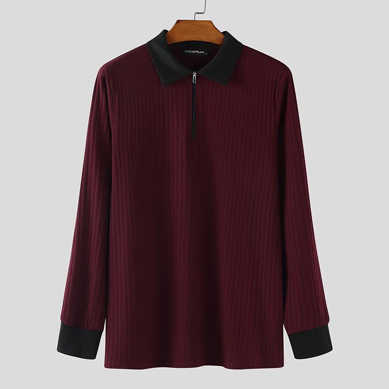 INCERUN Autumn Men Lapel Neck Long Sleeve Stitching Patchwork Rib Knitted Pullovers Tops