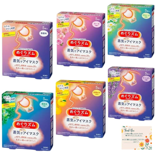 

Kao Megurhythm Steam Hot Eye Mask [5 masks per pack x 6 varieties] Unscented: Rose, Chamomile, Forest Bathing, Ripe Yuzu, Lavender