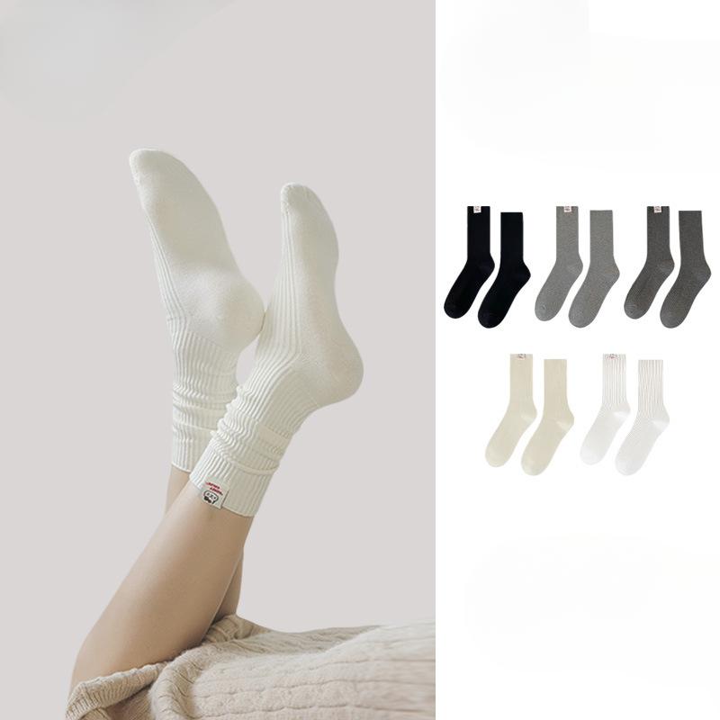 Female Autumn and Winter New Solid Color Cloth Label with Cotton Socks