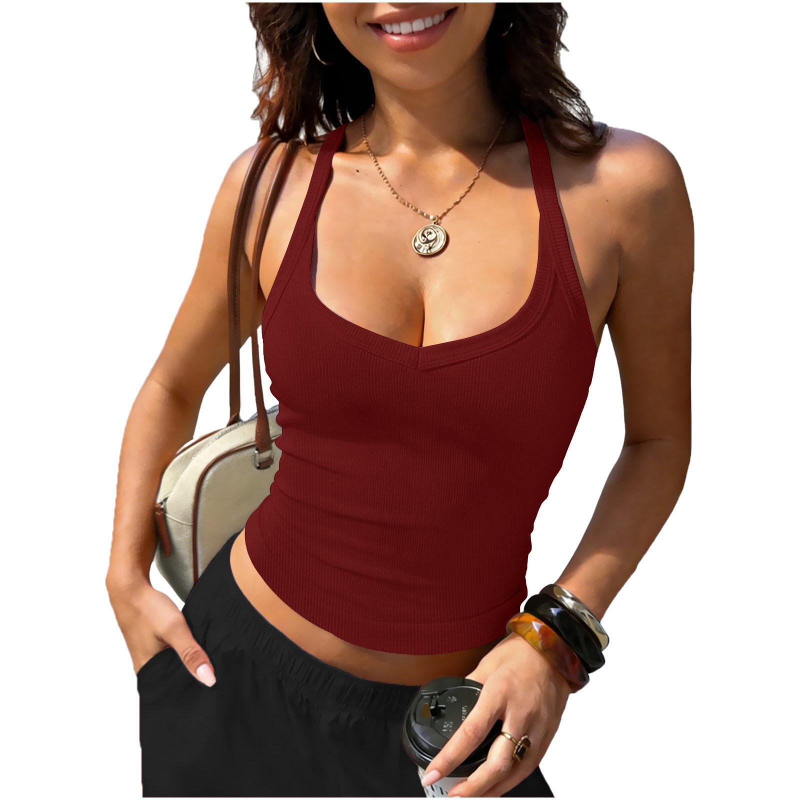 

Women Sleeveless Halter Neck Tank Top Ribbed Stretch Slim Fit Backless Crop Top Casual Summer Shirt L винний