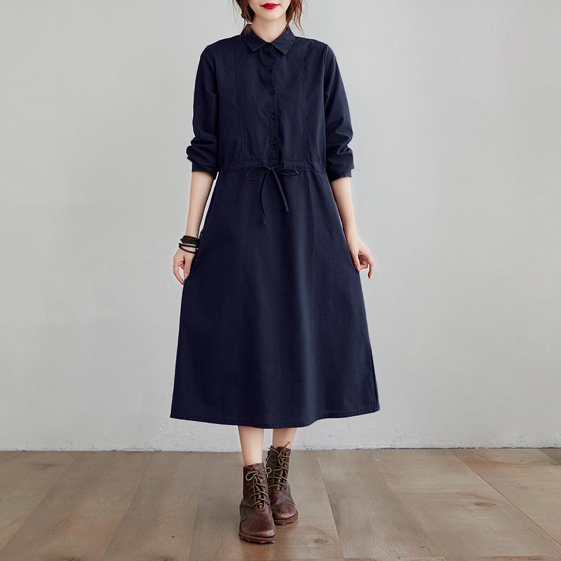 2025 Autumn Korean Style Cotton-Linen Polo Collar Elegant Long Sleeve Shirt Dress